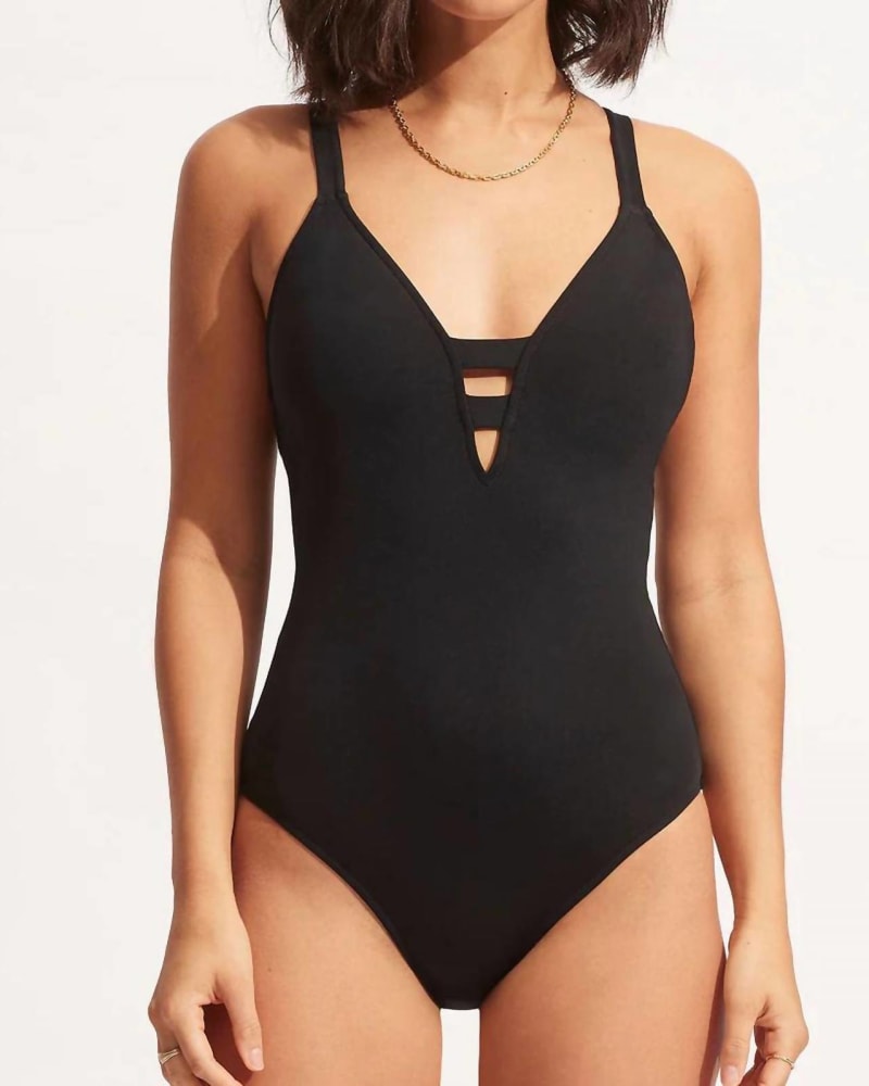 Front of a model wearing a size 12 V One Piece In Black Deep in Black Deep by Seafolly. | dia_product_style_image_id:356267
